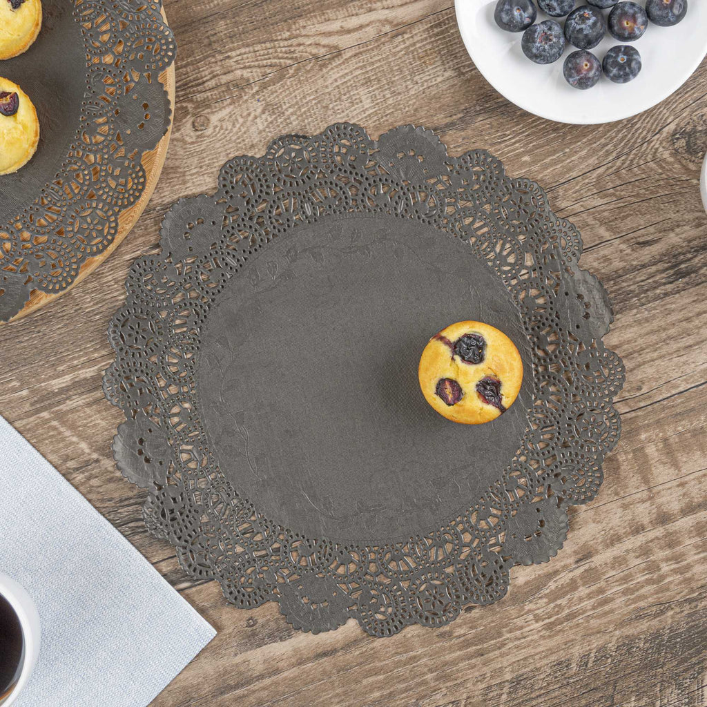 Pastry Tek Round Black Paper Doilies - Lace - 12" x 12" - 4000 count box