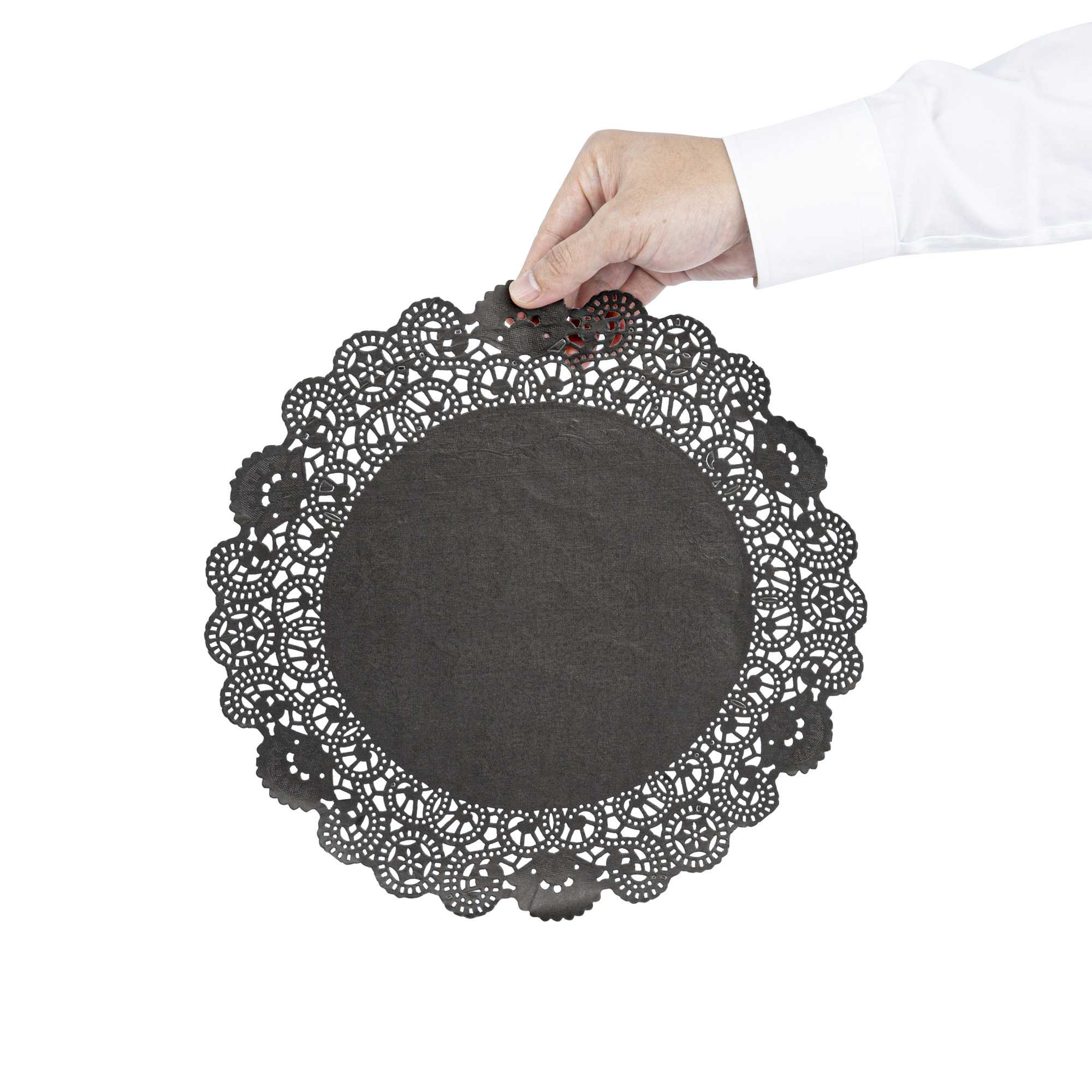 Pastry Tek Round Black Paper Doilies - Lace - 12" x 12" - 100 count box