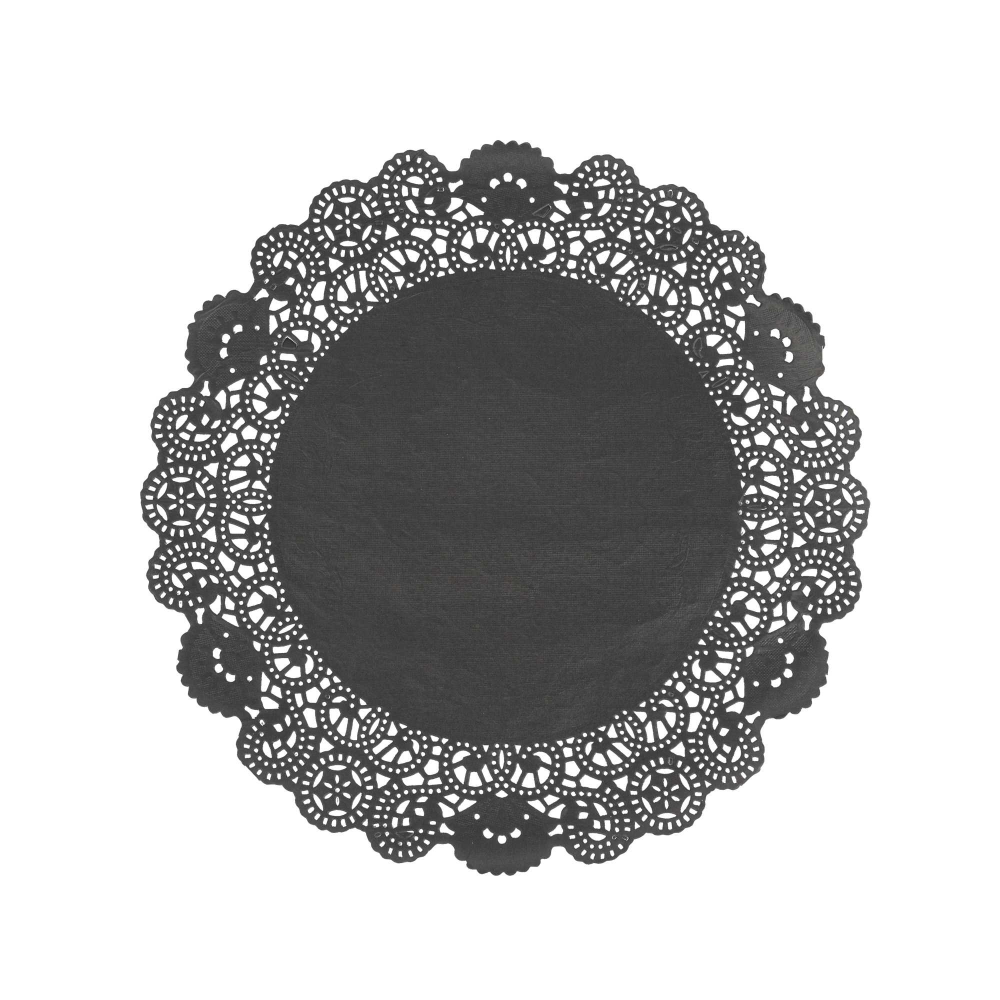 Pastry Tek Round Black Paper Doilies - Lace - 12" x 12" - 100 count box