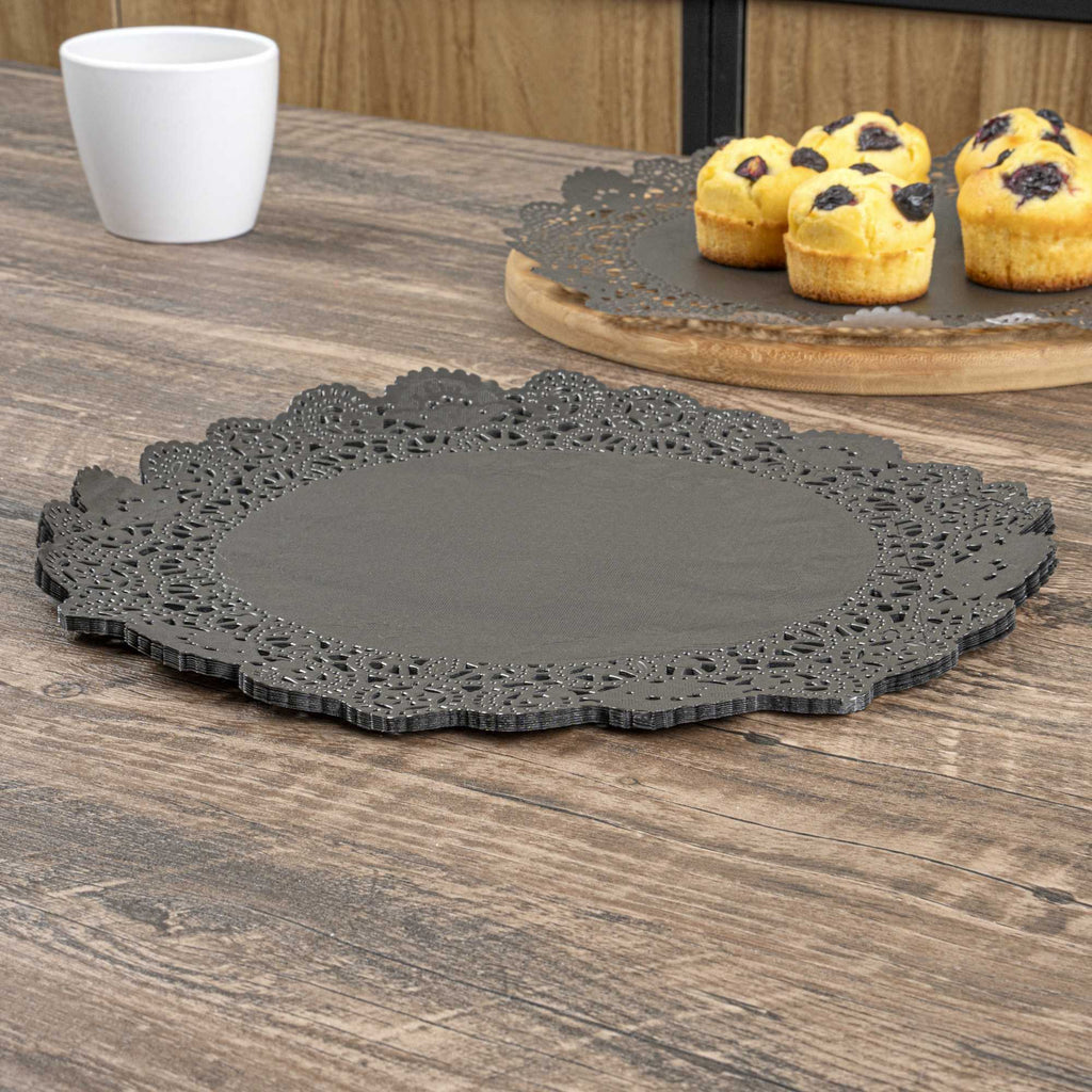 Pastry Tek Round Black Paper Doilies - Lace - 12" x 12" - 100 count box