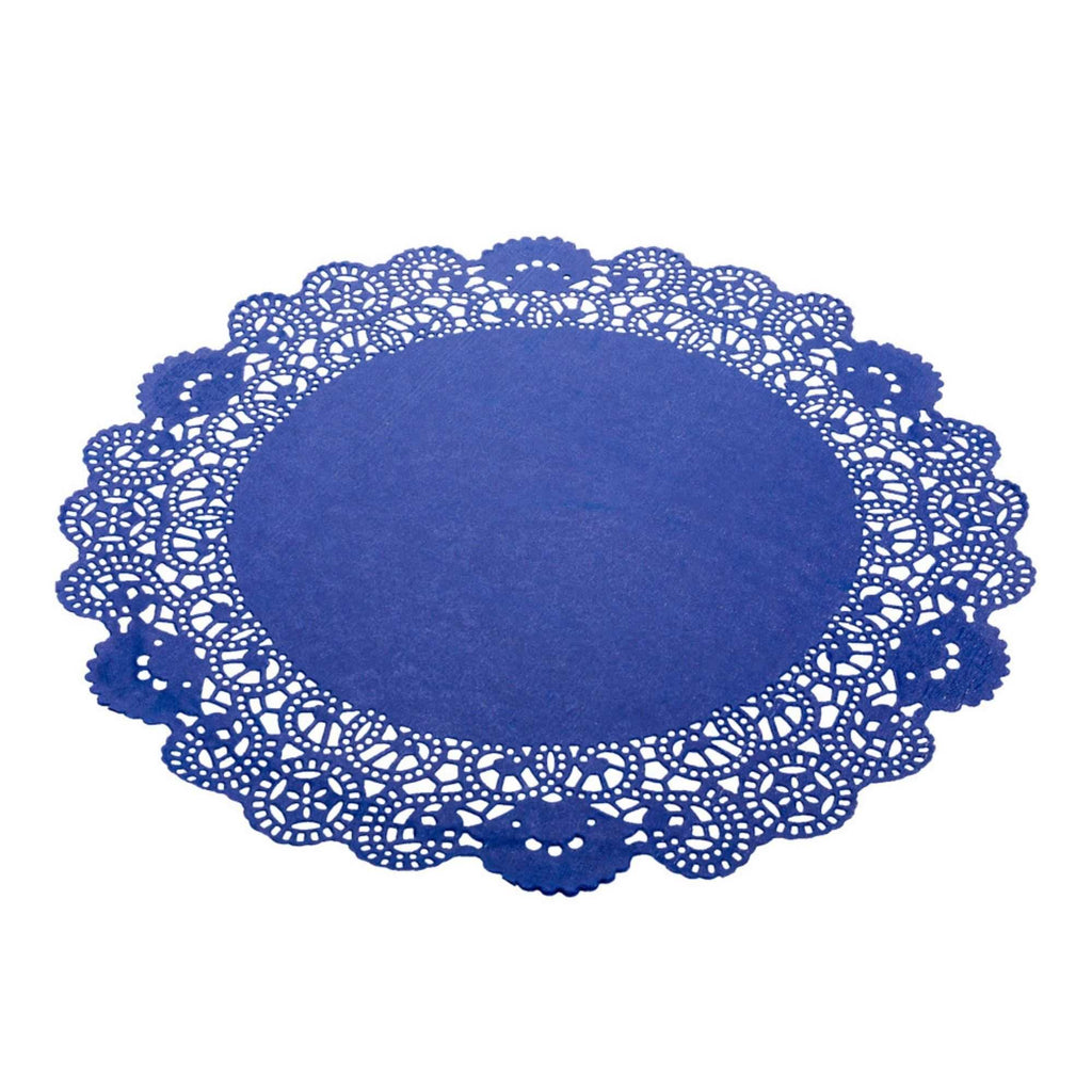 Pastry Tek Round Navy Blue Paper Doilies - Lace - 12" x 12" - 100 count box