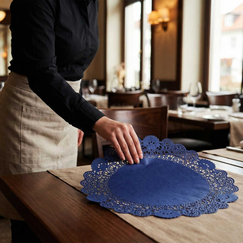 Pastry Tek Round Navy Blue Paper Doilies - Lace - 12" x 12" - 100 count box