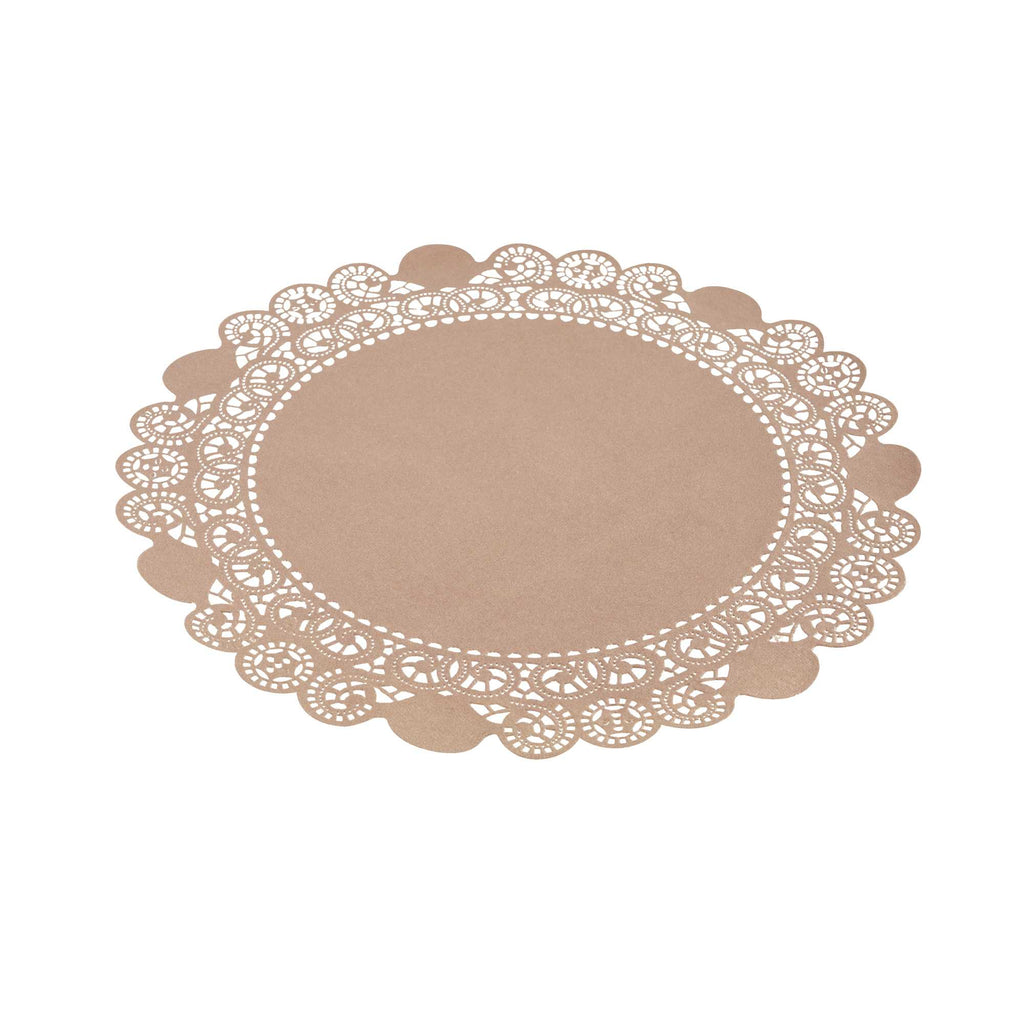 Pastry Tek Round Brown Paper Doilies - Lace - 12" x 12" - 100 count box