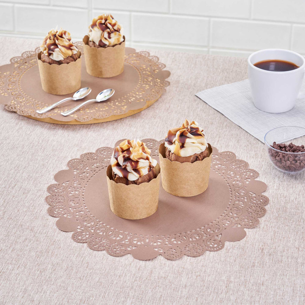 Pastry Tek Round Brown Paper Doilies - Lace - 12" x 12" - 100 count box