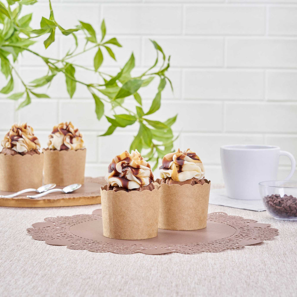 Pastry Tek Round Brown Paper Doilies - Lace - 12" x 12" - 100 count box