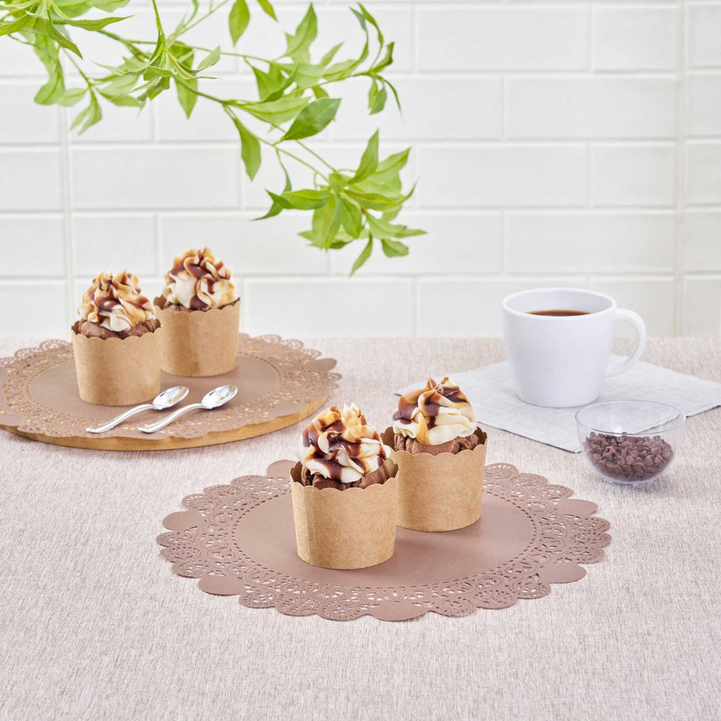 Pastry Tek Round Brown Paper Doilies - Lace - 12" x 12" - 100 count box