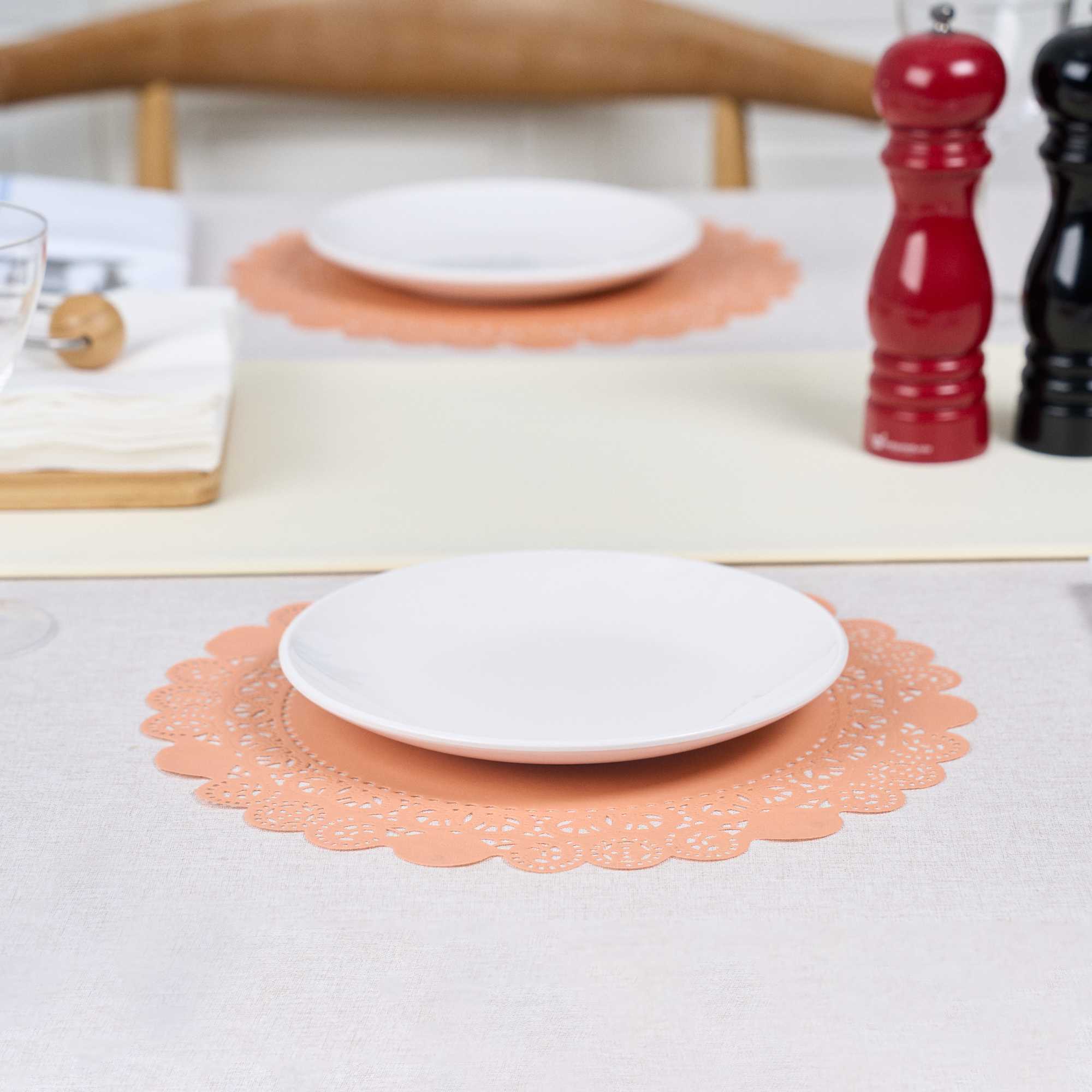 Pastry Tek Round Coral Paper Doilies - Lace - 12" x 12" - 100 count box