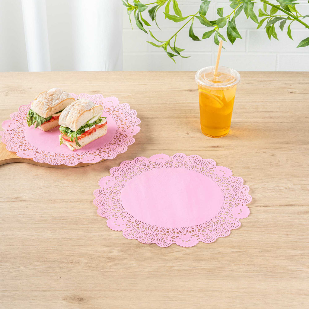 Pastry Tek Round Pink Paper Doilies - Lace - 12" x 12" - 4000 count box