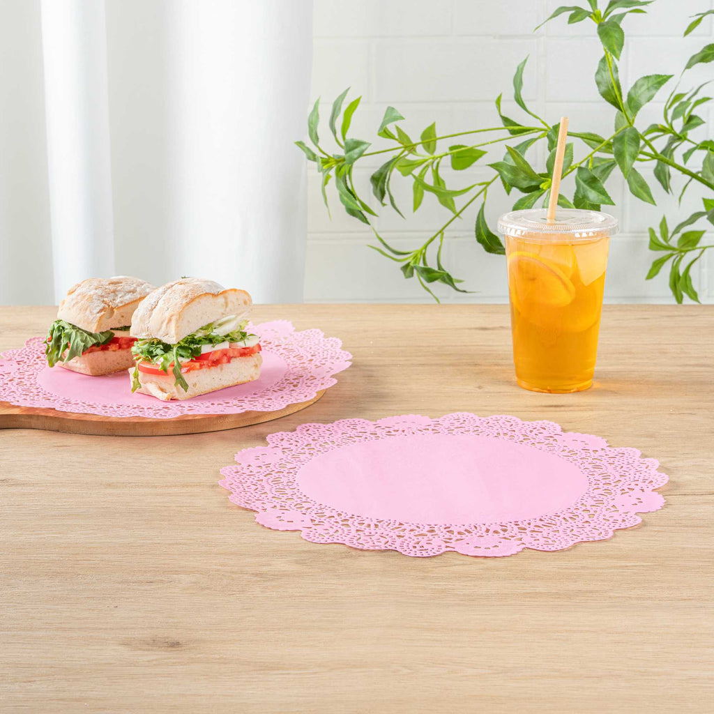 Pastry Tek Round Pink Paper Doilies - Lace - 12" x 12" - 4000 count box