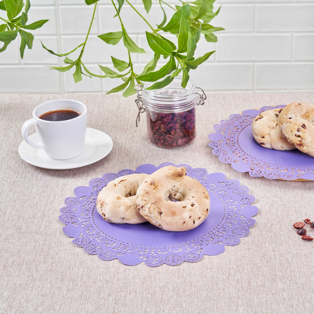 Pastry Tek Round Purple Paper Doilies - Lace - 12" x 12" - 100 count box