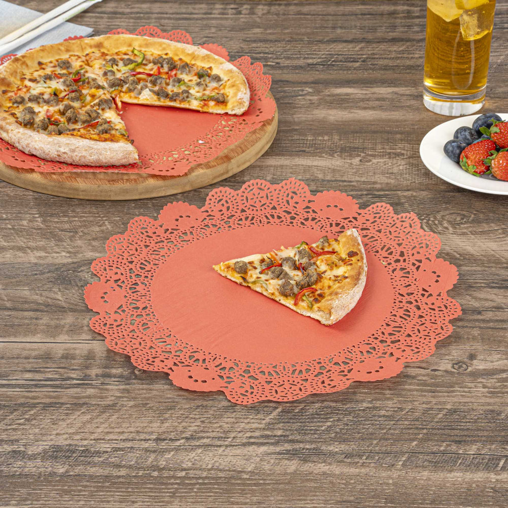 Pastry Tek Round Red Paper Doilies - Lace - 12" x 12" - 100 count box