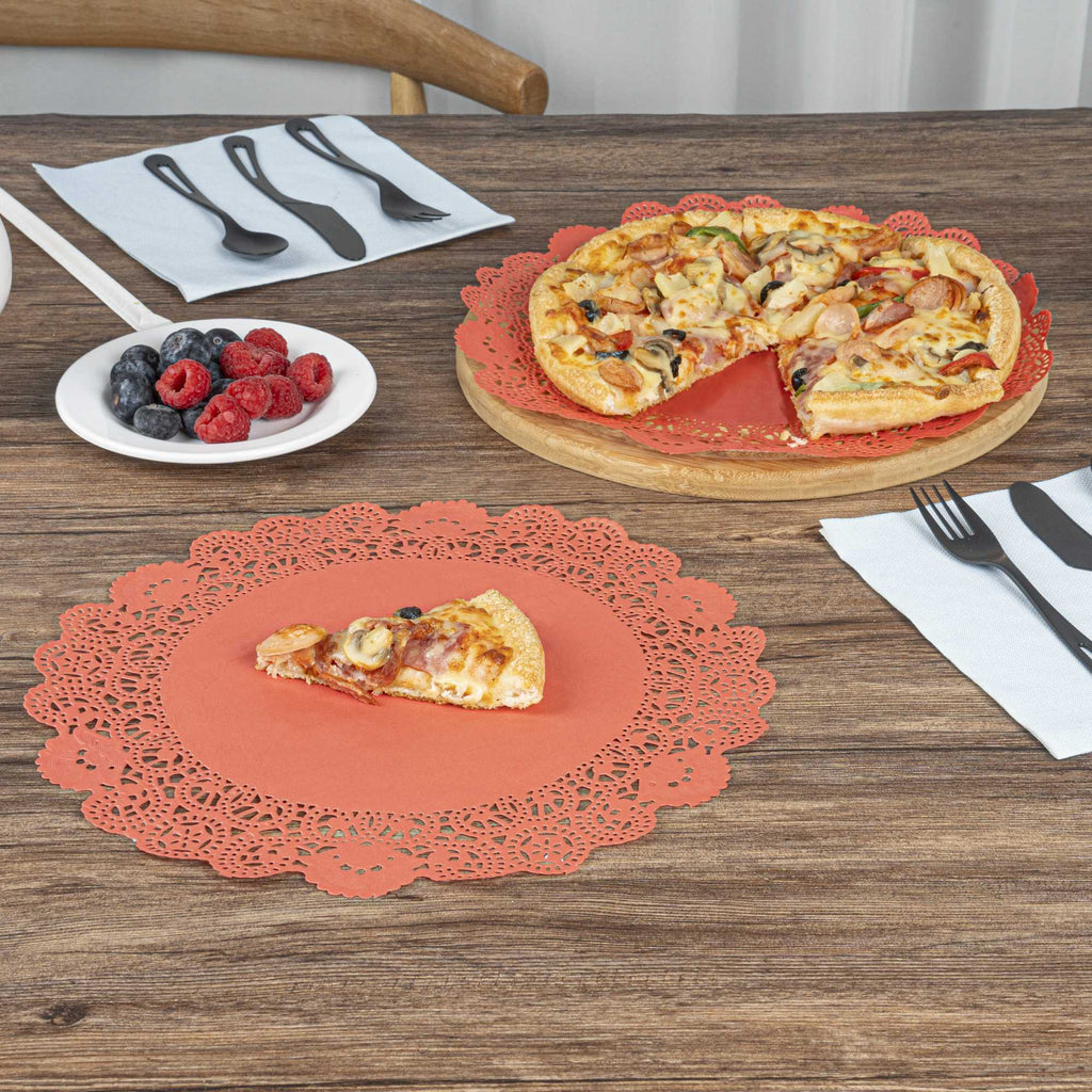 Pastry Tek Round Red Paper Doilies - Lace - 12" x 12" - 100 count box