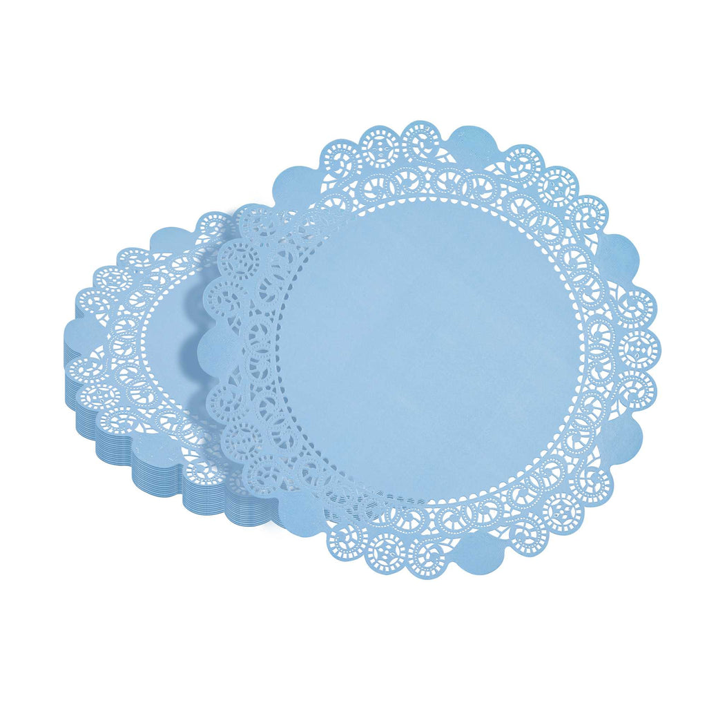 Pastry Tek Round Sky Blue Paper Doilies - Lace - 12" x 12" - 100 count box