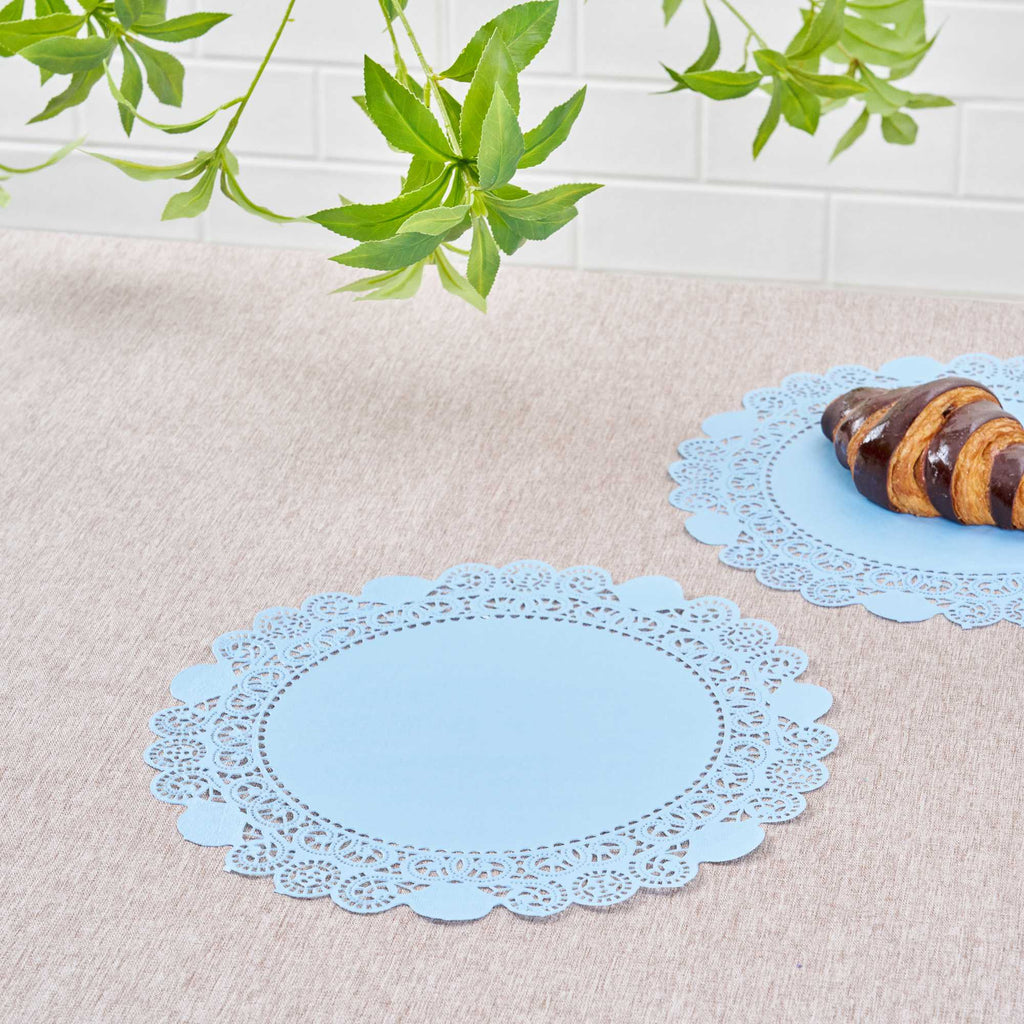 Pastry Tek Round Sky Blue Paper Doilies - Lace - 12" x 12" - 100 count box