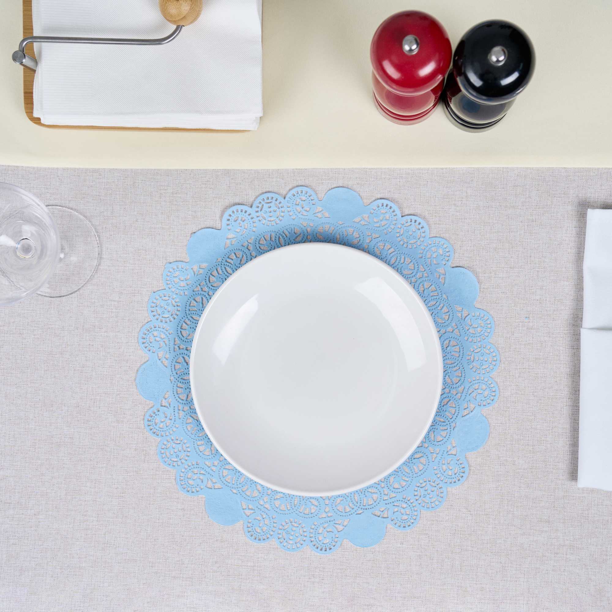 Pastry Tek Round Sky Blue Paper Doilies - Lace - 12" x 12" - 100 count box