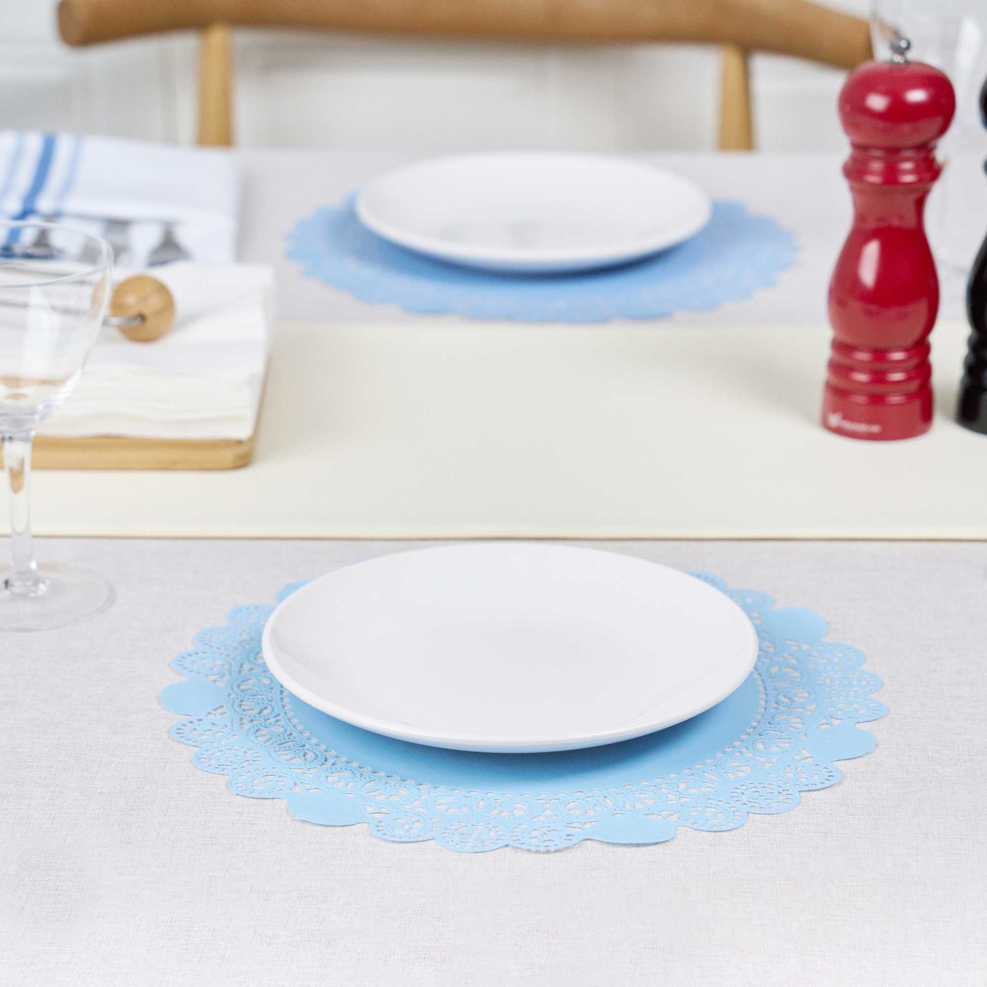 Pastry Tek Round Sky Blue Paper Doilies - Lace - 12" x 12" - 100 count box