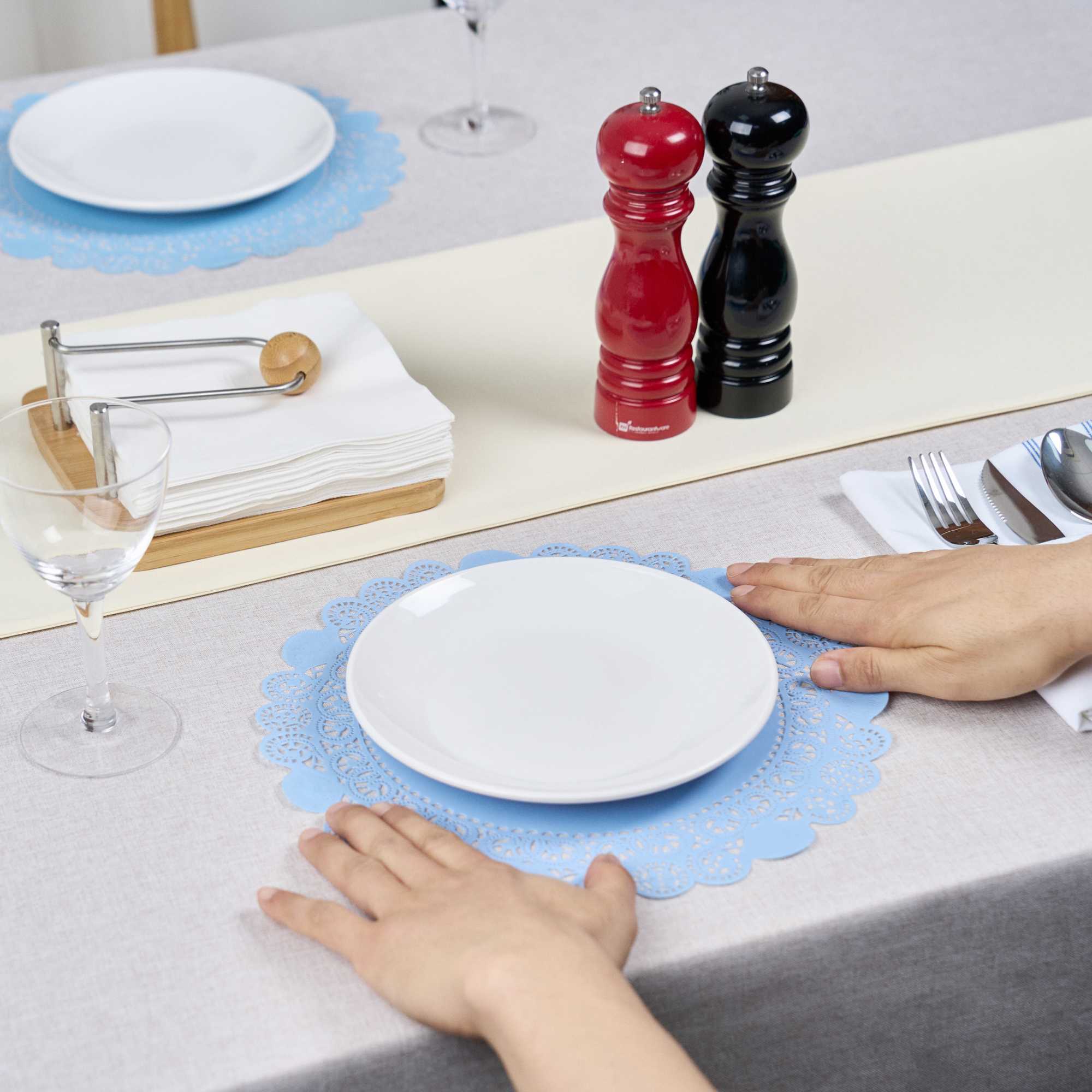 Pastry Tek Round Sky Blue Paper Doilies - Lace - 12" x 12" - 100 count box