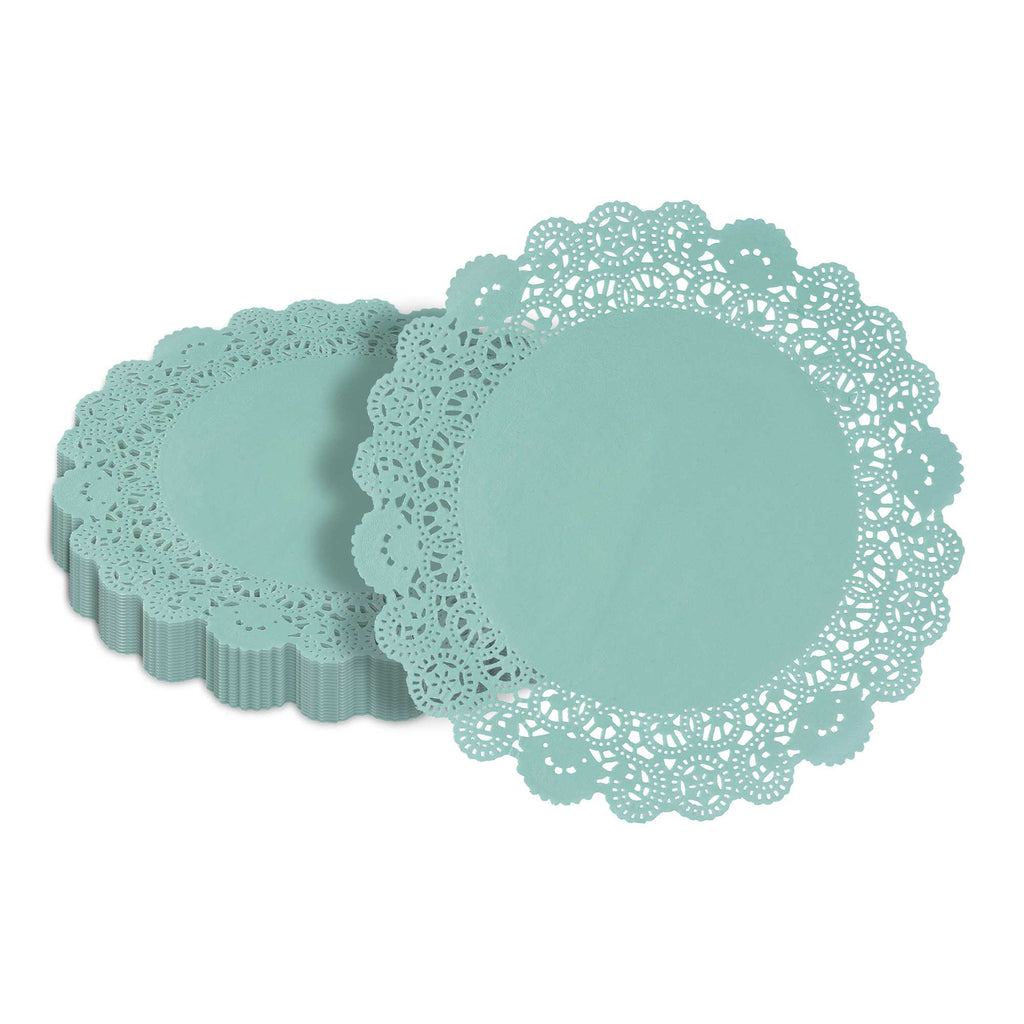 Pastry Tek Round Teal Paper Doilies - Lace - 12" x 12" - 100 count box