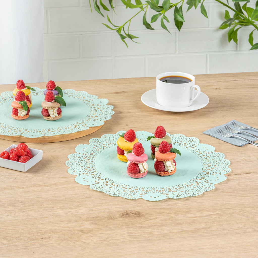 Pastry Tek Round Teal Paper Doilies - Lace - 12" x 12" - 4000 count box