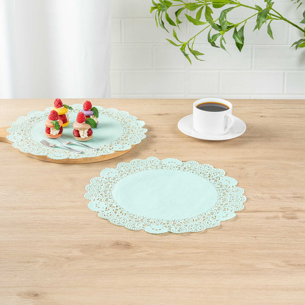Pastry Tek Round Teal Paper Doilies - Lace - 12" x 12" - 4000 count box