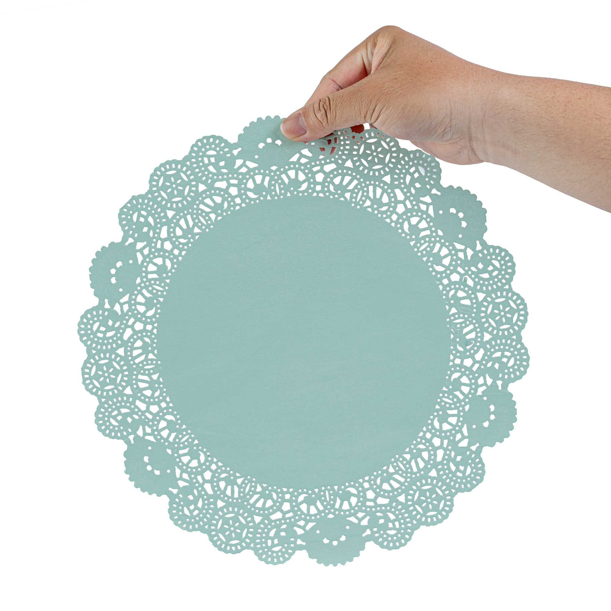 Pastry Tek Round Teal Paper Doilies - Lace - 12" x 12" - 100 count box