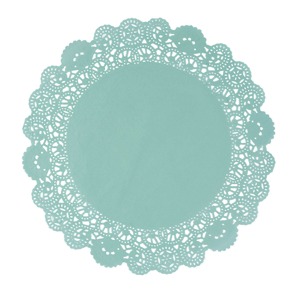 Pastry Tek Round Teal Paper Doilies - Lace - 12" x 12" - 100 count box