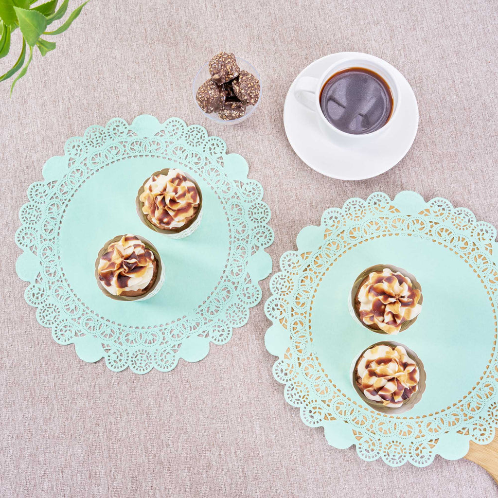 Pastry Tek Round Teal Paper Doilies - Lace - 12" x 12" - 100 count box