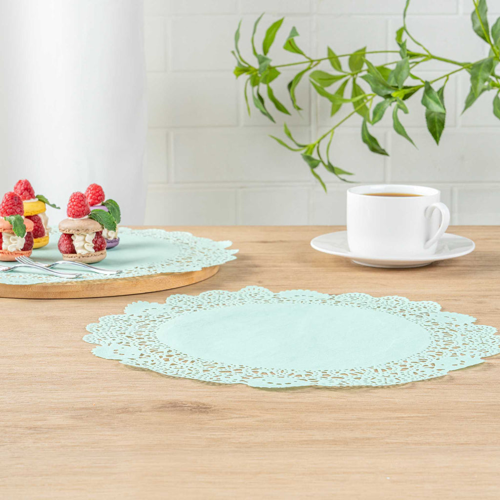 Pastry Tek Round Teal Paper Doilies - Lace - 12" x 12" - 100 count box