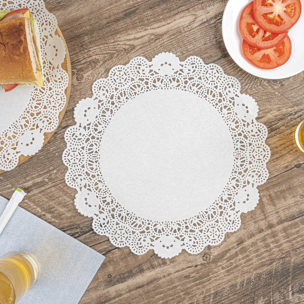 Pastry Tek Round White Paper Doilies - Lace - 12" x 12" - 100 count box