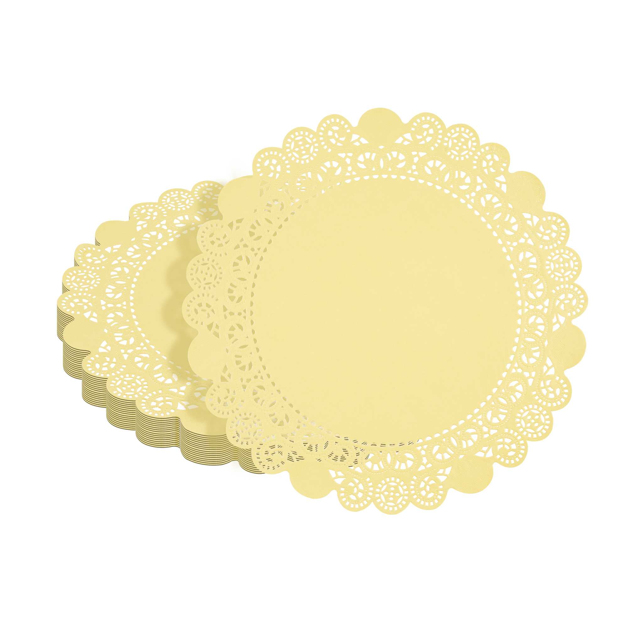 Pastry Tek Round Yellow Paper Doilies - Lace - 12" x 12" - 100 count box