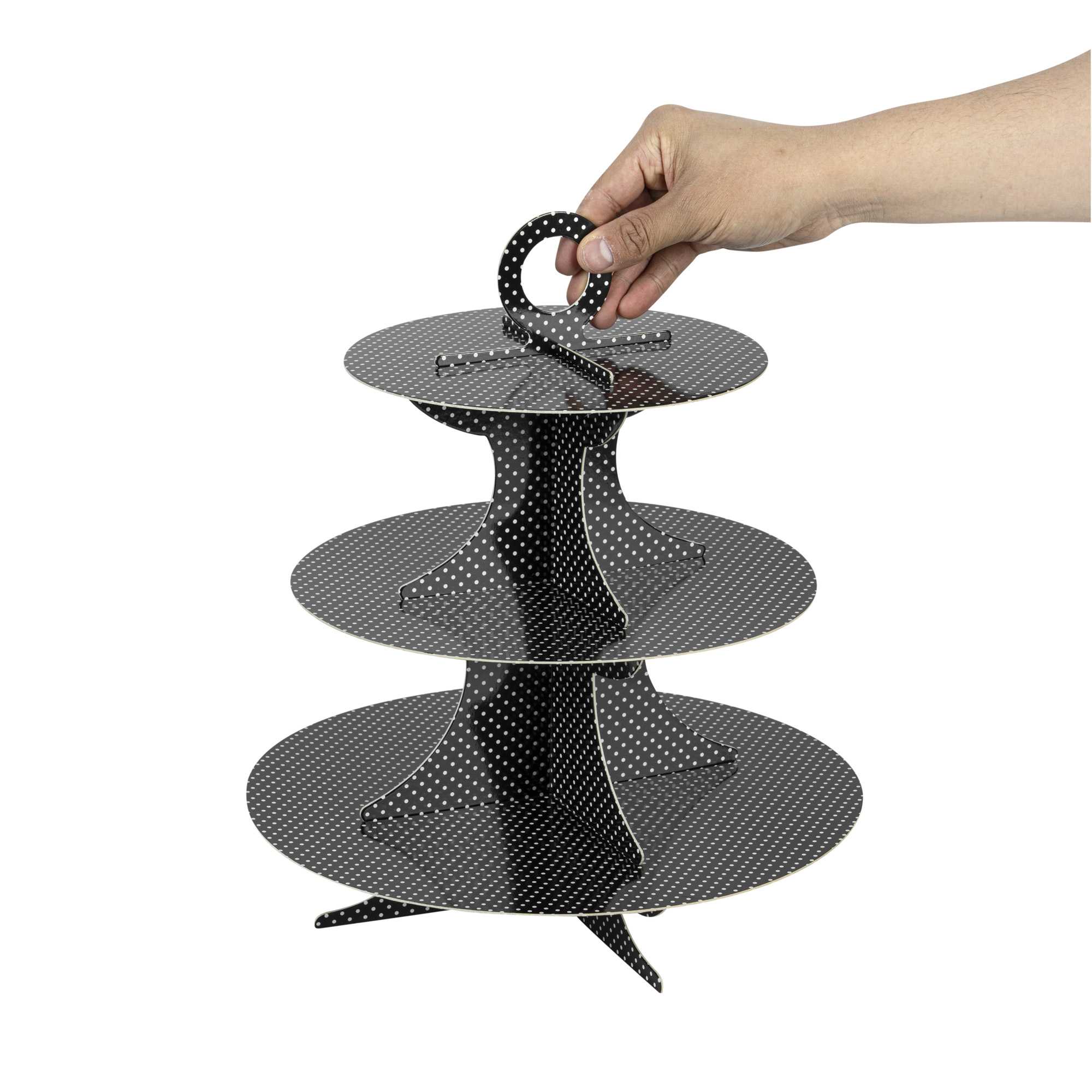 Pastry Tek Black Cardboard Cupcake Stand - 3-Tier, White Polka Dots - 13 1/2" x 13 1/2" x 14" - 1 count box