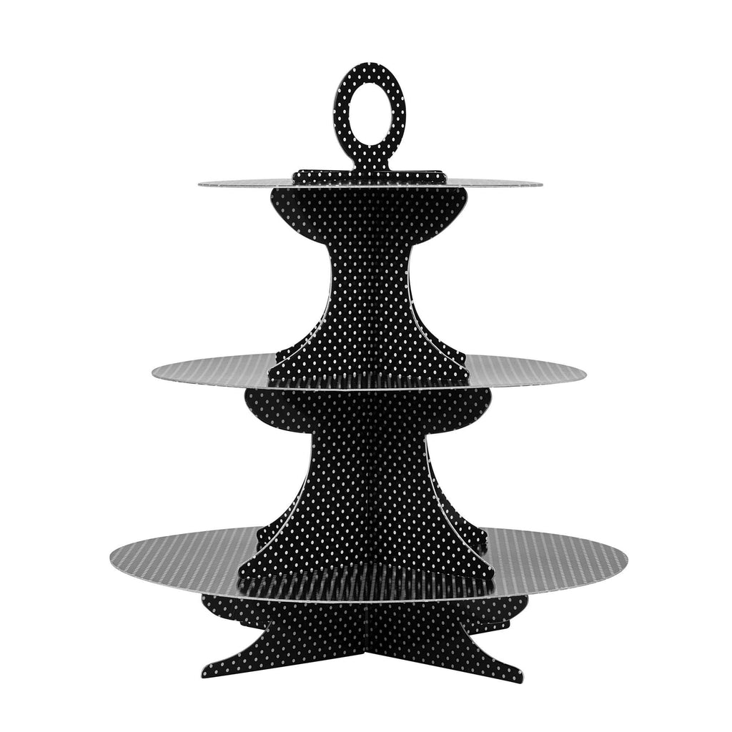 Pastry Tek Black Cardboard Cupcake Stand - 3-Tier, White Polka Dots - 13 1/2" x 13 1/2" x 14" - 1 count box