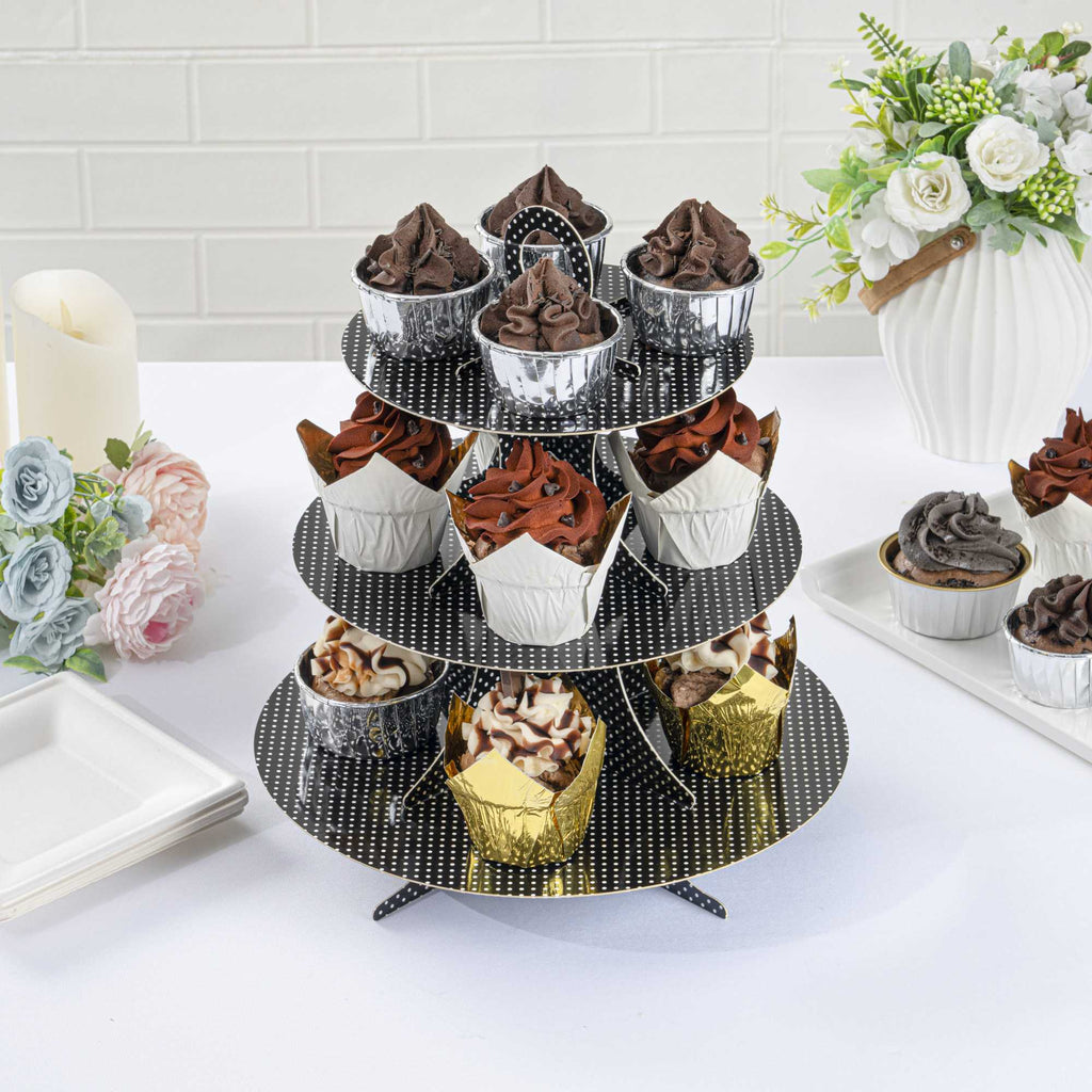 Pastry Tek Black Cardboard Cupcake Stand - 3-Tier, White Polka Dots - 13 1/2" x 13 1/2" x 14" - 1 count box