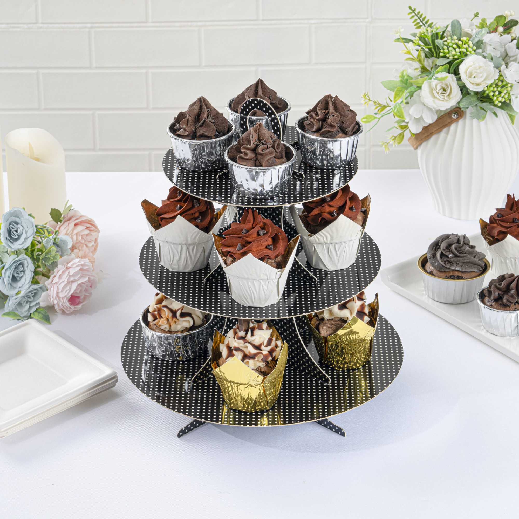 Pastry Tek Black Cardboard Cupcake Stand - 3-Tier, White Polka Dots - 13 1/2" x 13 1/2" x 14" - 1 count box