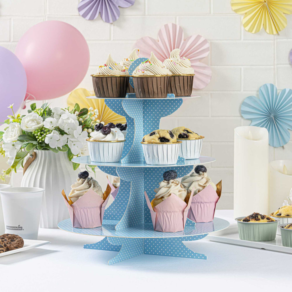 Pastry Tek Turquoise Cardboard Cupcake Stand - 3-Tier, White Polka Dots - 13 1/2" x 13 1/2" x 14" - 1 count box
