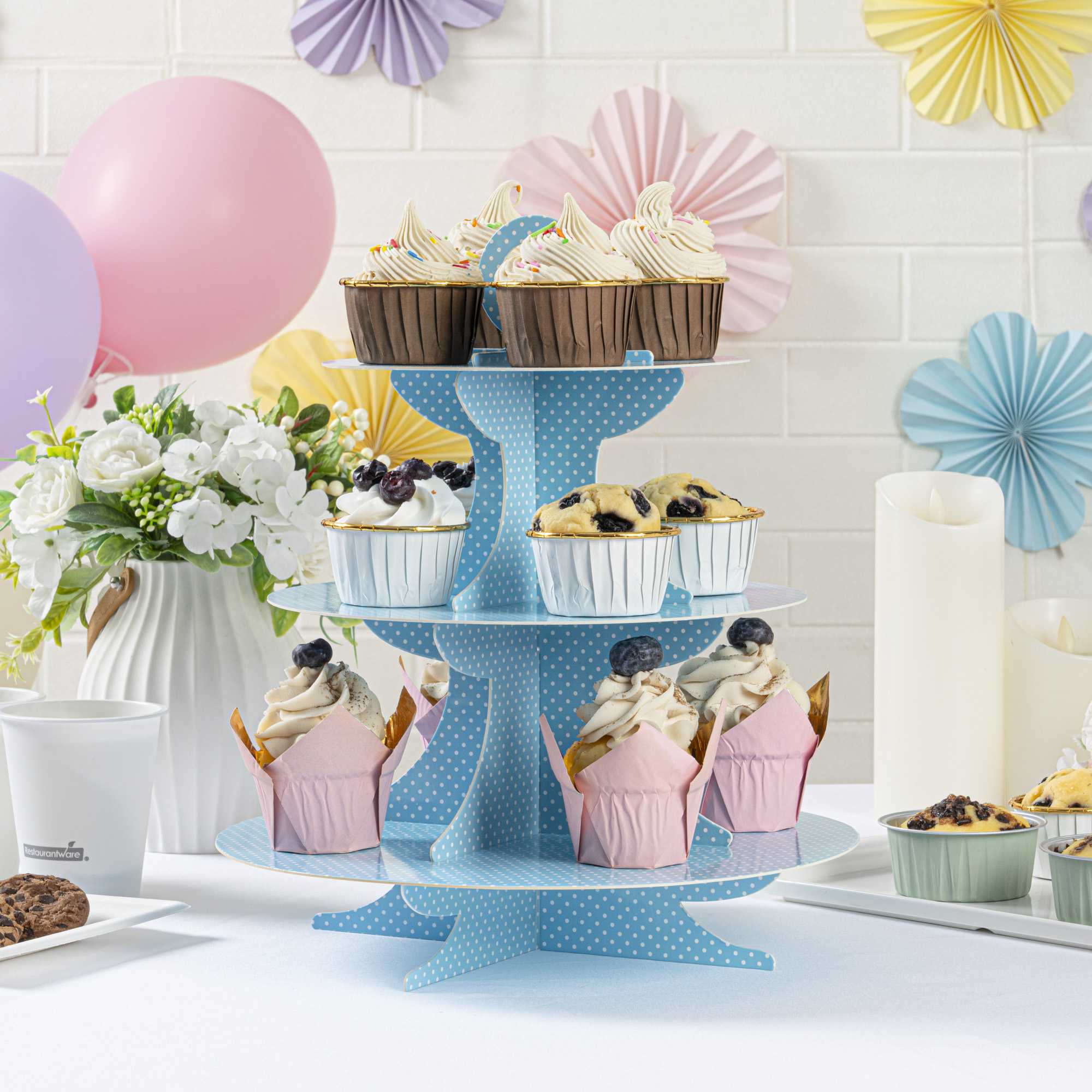 Pastry Tek Turquoise Cardboard Cupcake Stand - 3-Tier, White Polka Dots - 13 1/2" x 13 1/2" x 14" - 1 count box