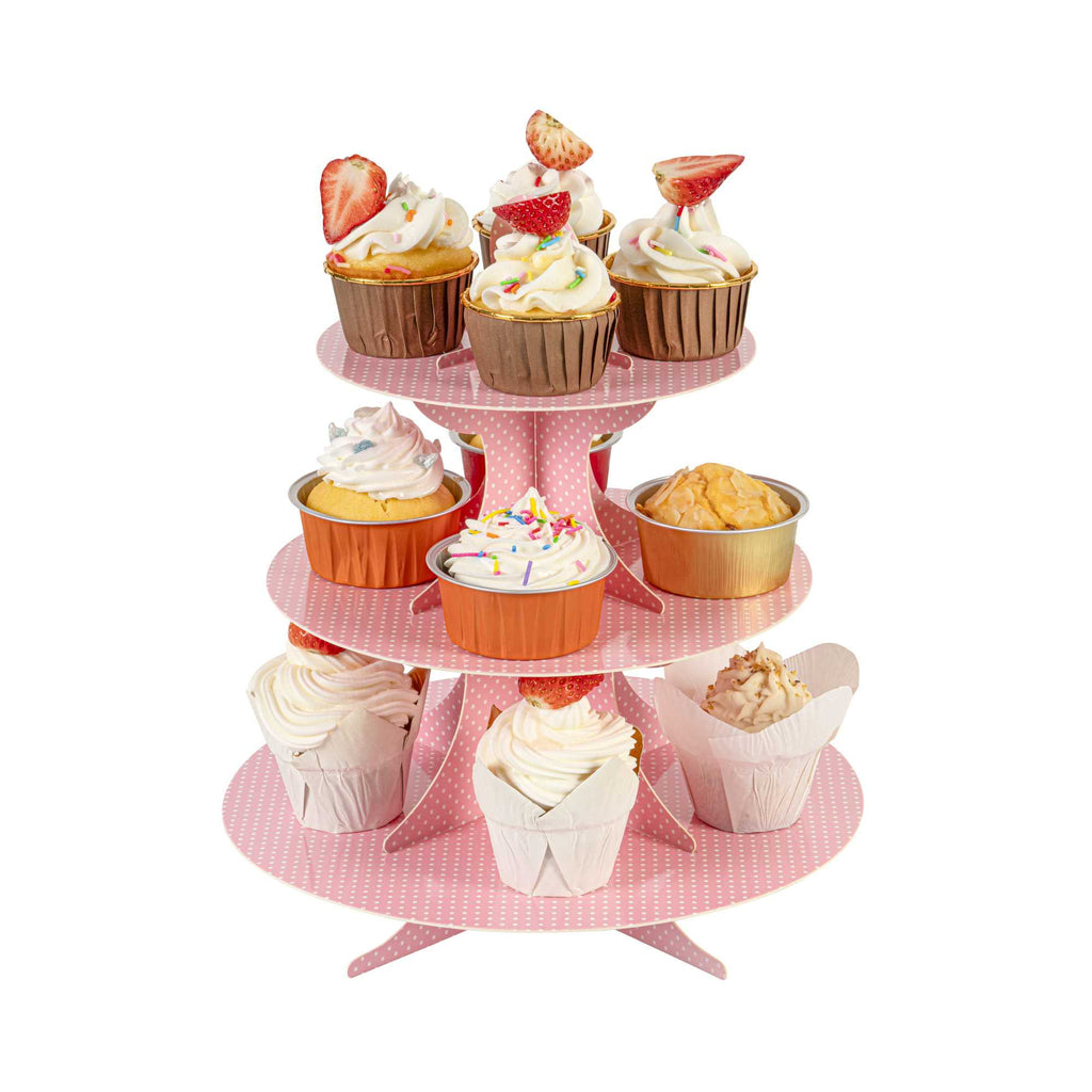 Pastry Tek Pink Cardboard Cupcake Stand - 3-Tier, White Polka Dots - 13 1/2" x 13 1/2" x 14" - 1 count box