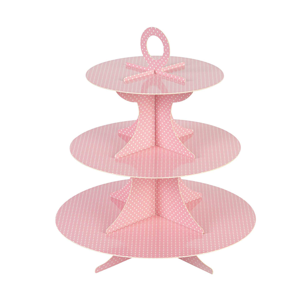 Pastry Tek Pink Cardboard Cupcake Stand - 3-Tier, White Polka Dots - 13 1/2" x 13 1/2" x 14" - 1 count box