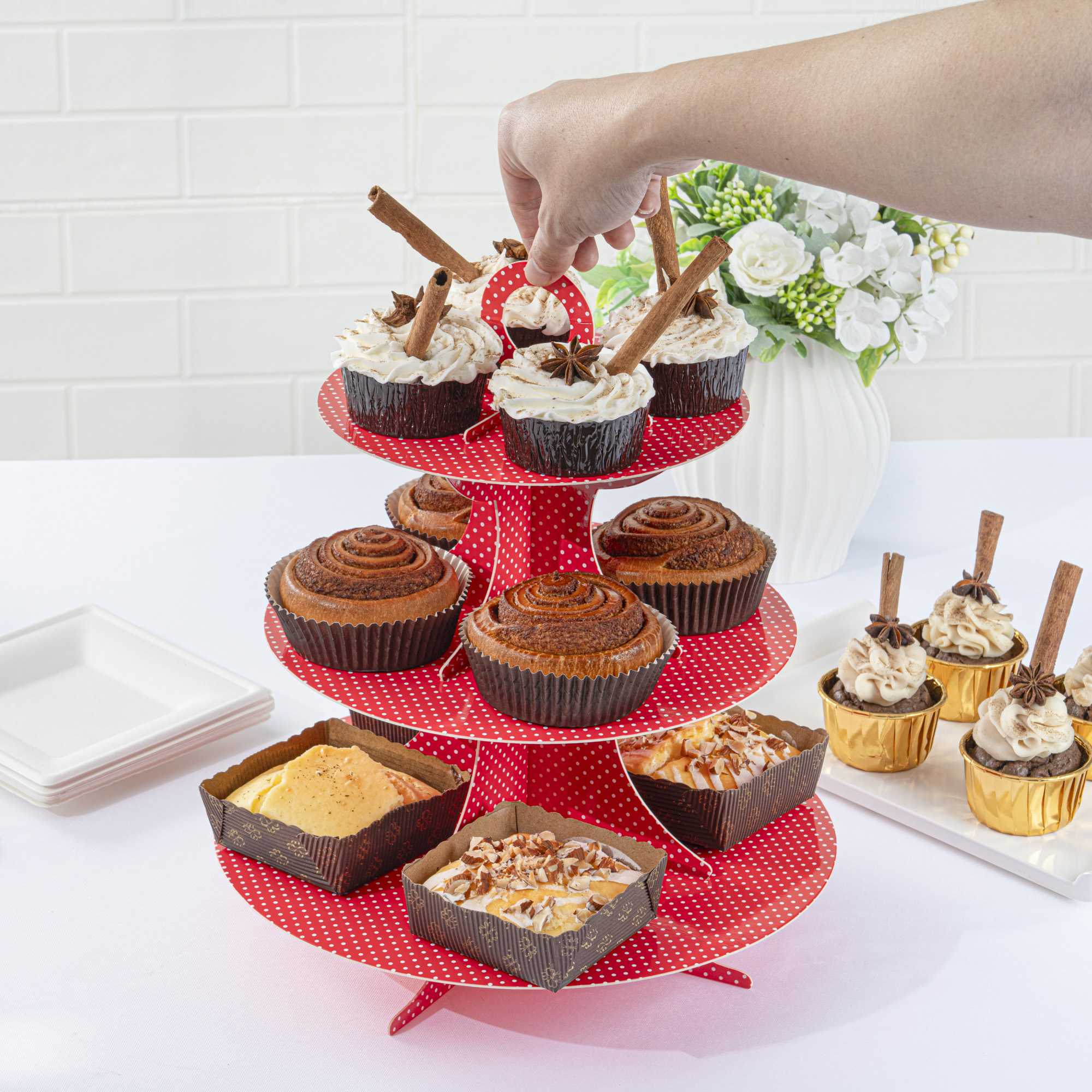 Pastry Tek Red Cardboard Cupcake Stand - 3 Tier, White Polka Dots - 13 1/2" x 13 1/2" x 14" - 1 count box