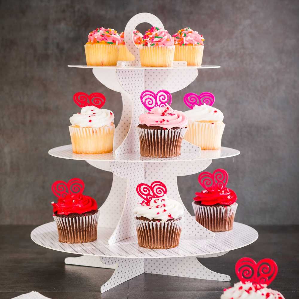 Pastry Tek White Cardboard Cupcake Stand - 3-Tier, Gray Polka Dot - 13 1/2" x 13 1/2" x 14" - 1 count box