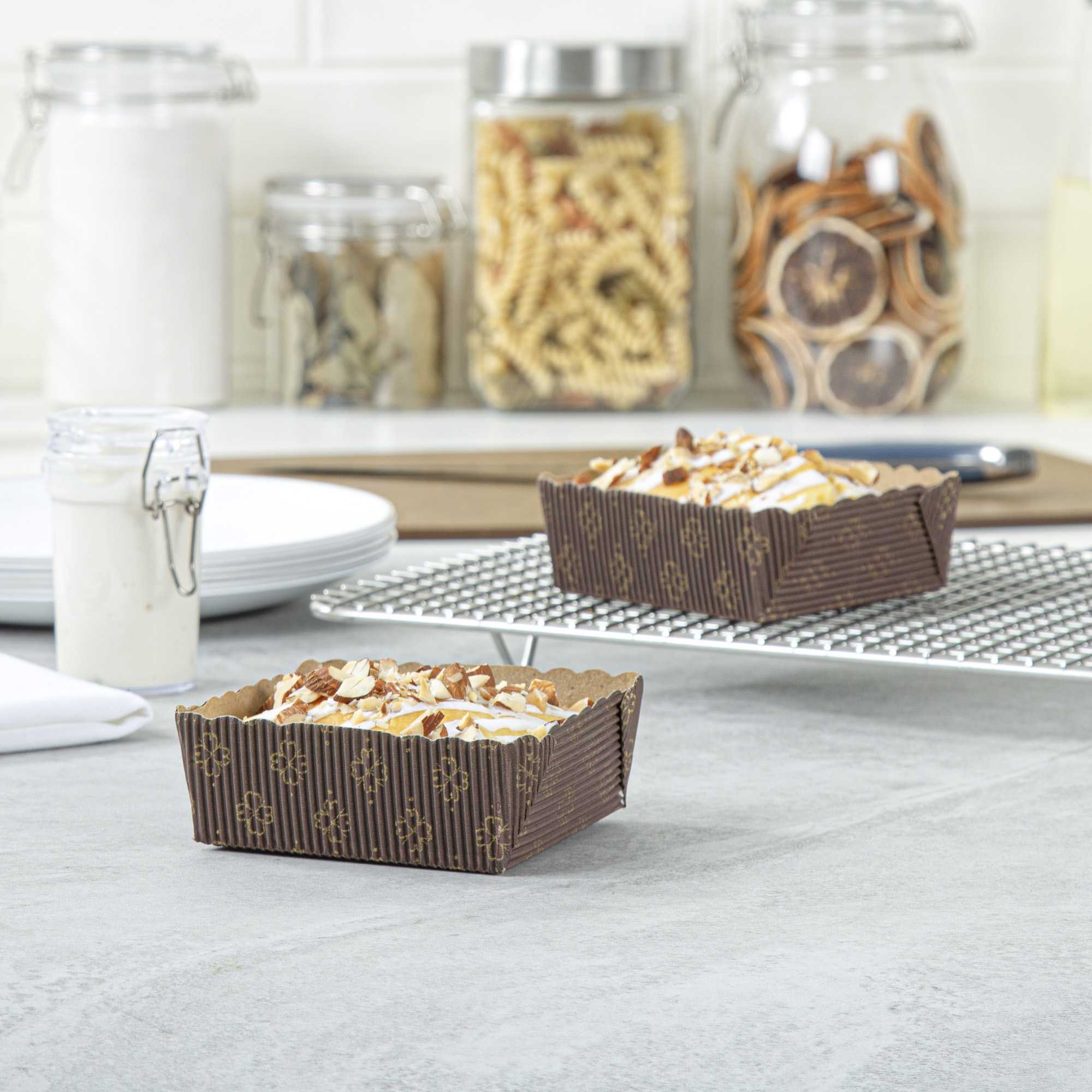 Panificio 4 oz Kraft Paper Square Baking Cup - Greaseproof, Rippled - 3" x 2 3/4" x 1 3/4" - 100 count box