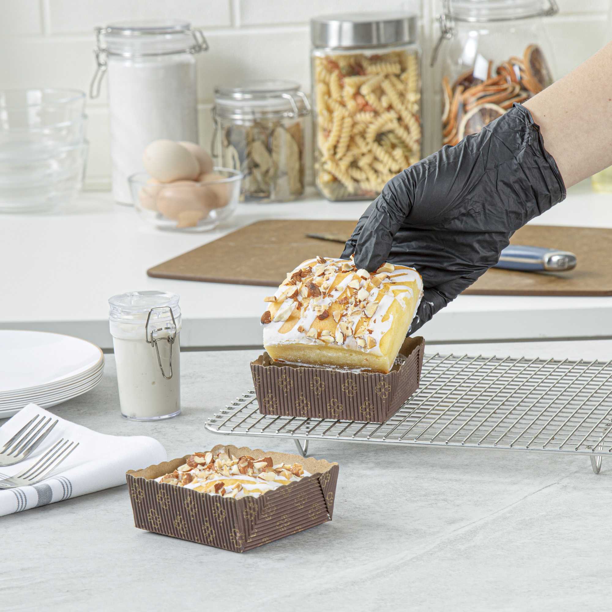 Panificio 4 oz Kraft Paper Square Baking Cup - Greaseproof, Rippled - 3" x 2 3/4" x 1 3/4" - 100 count box