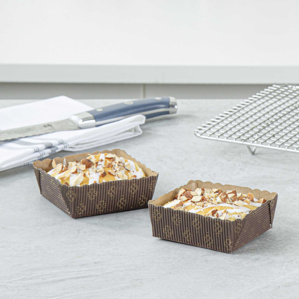 Panificio 4 oz Kraft Paper Square Baking Cup - Greaseproof, Rippled - 3" x 2 3/4" x 1 3/4" - 100 count box