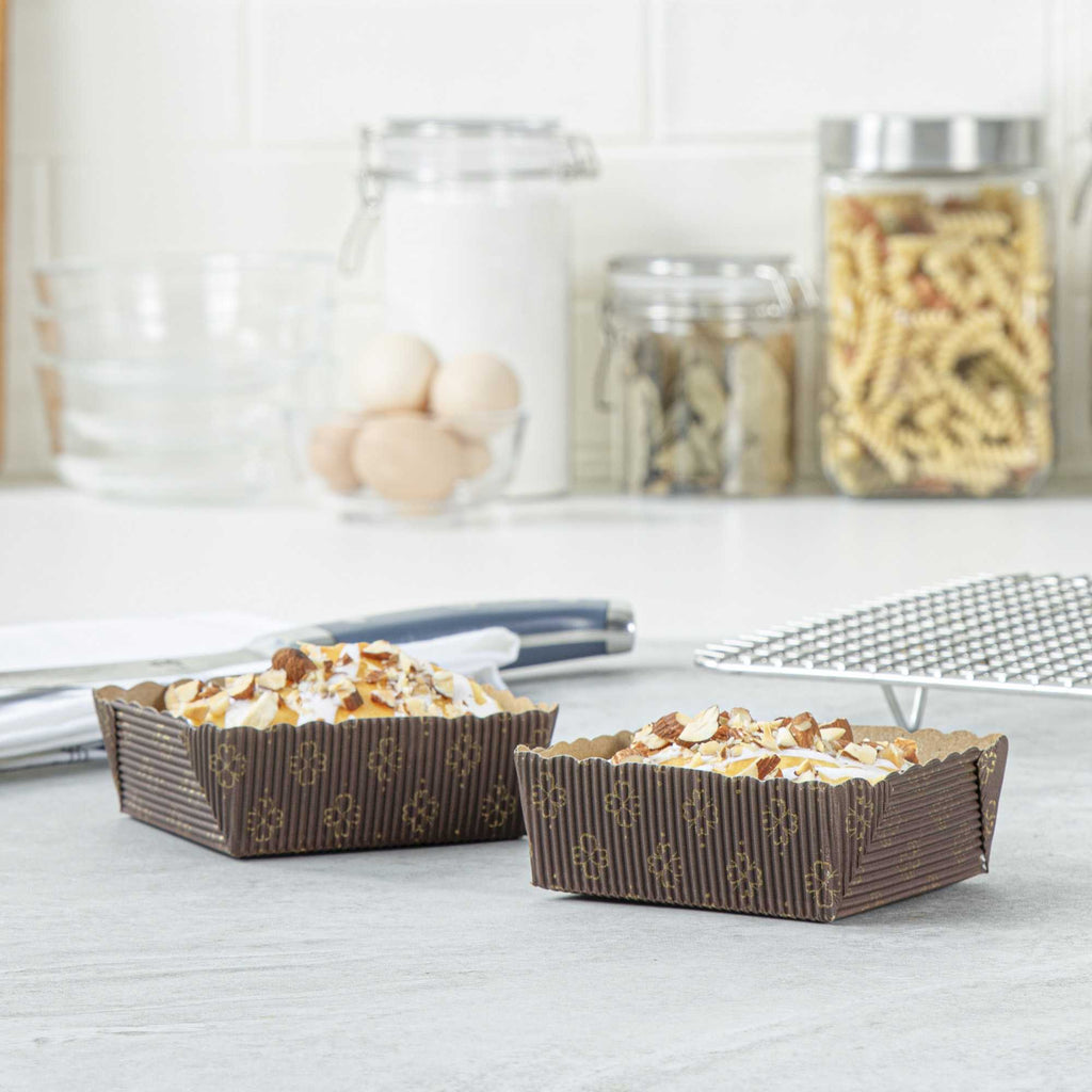 Panificio 4 oz Kraft Paper Square Baking Cup - Greaseproof, Rippled - 3" x 2 3/4" x 1 3/4" - 100 count box