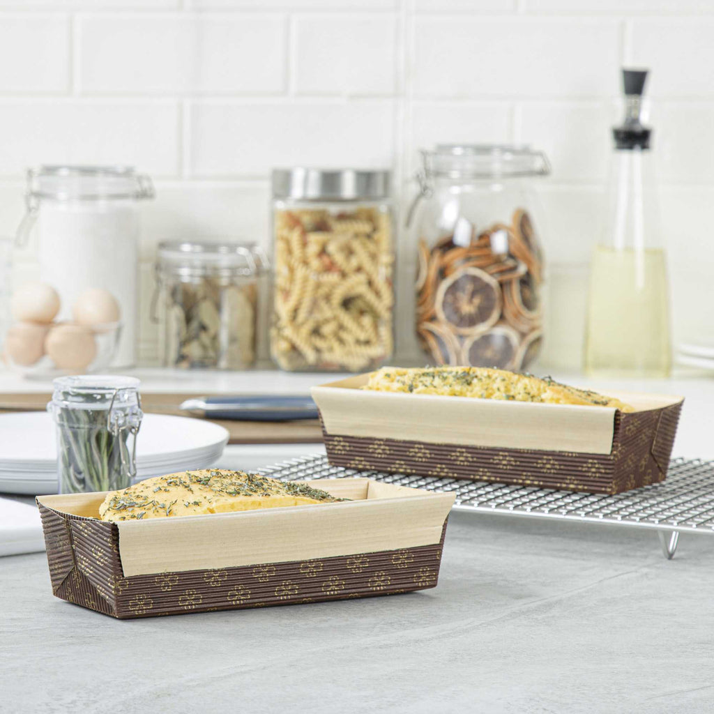 Panificio 18 oz Kraft Paper Baking Loaf Pan - Greaseproof, Rippled - 7 3/4" x 3 1/4" x 2" - 10 count box