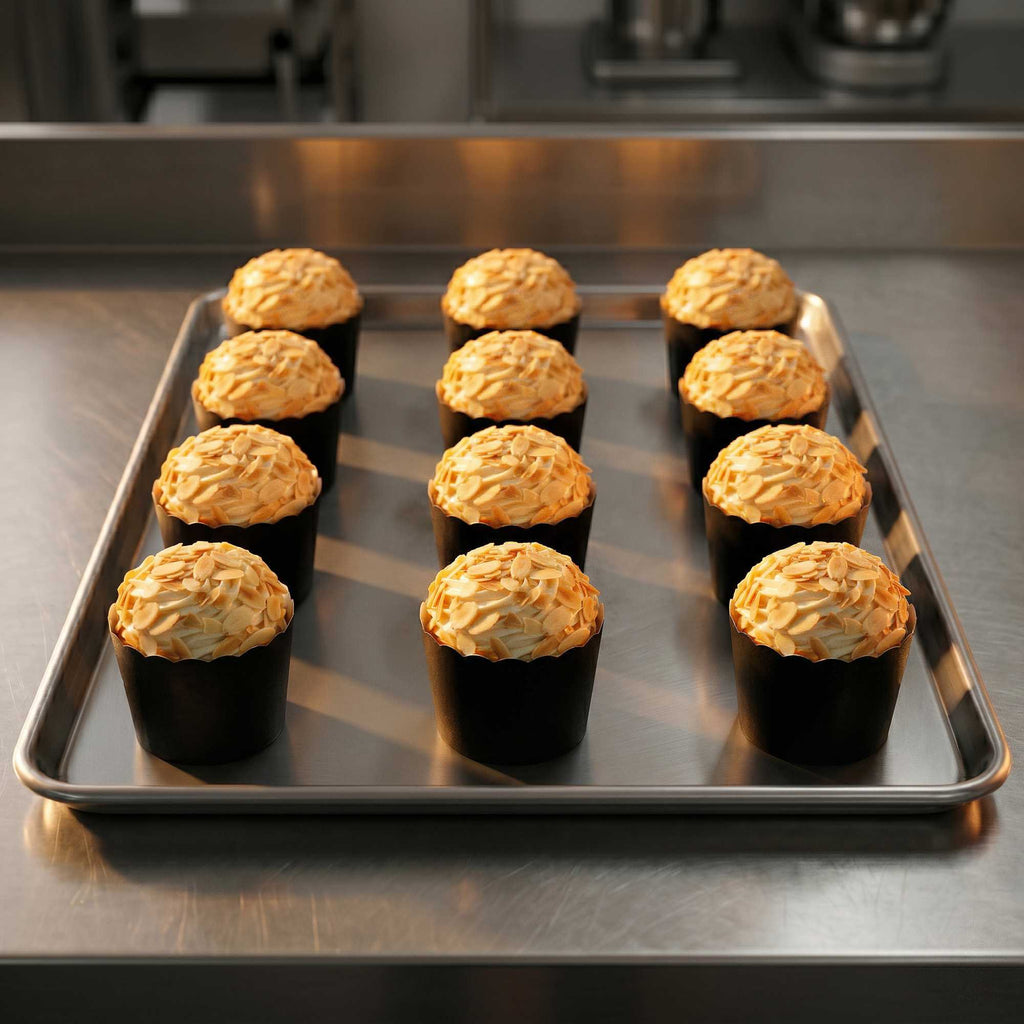 Panificio 3 oz Round Black Paper Mini Baking Cup - Scalloped - 2 1/2" x 2 1/2" x 1 3/4" - 200 count box