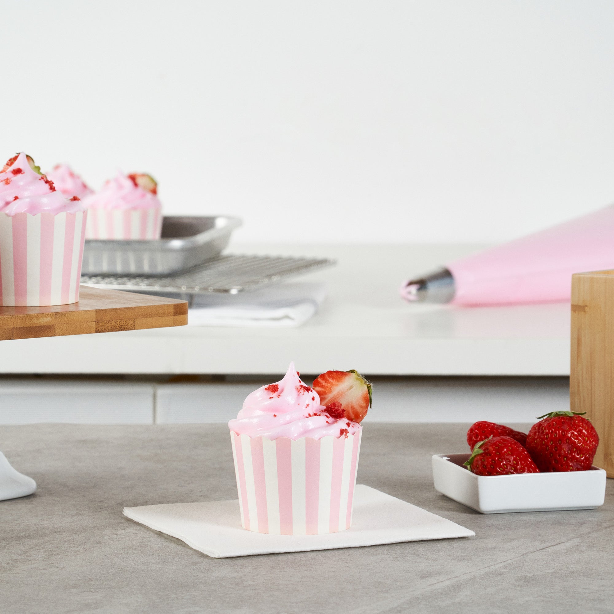 Panificio 3 oz Round Stripe Pink Paper Mini Baking Cup - Scalloped - 2 1/2" x 2 1/2" x 1 3/4" - 200 count box