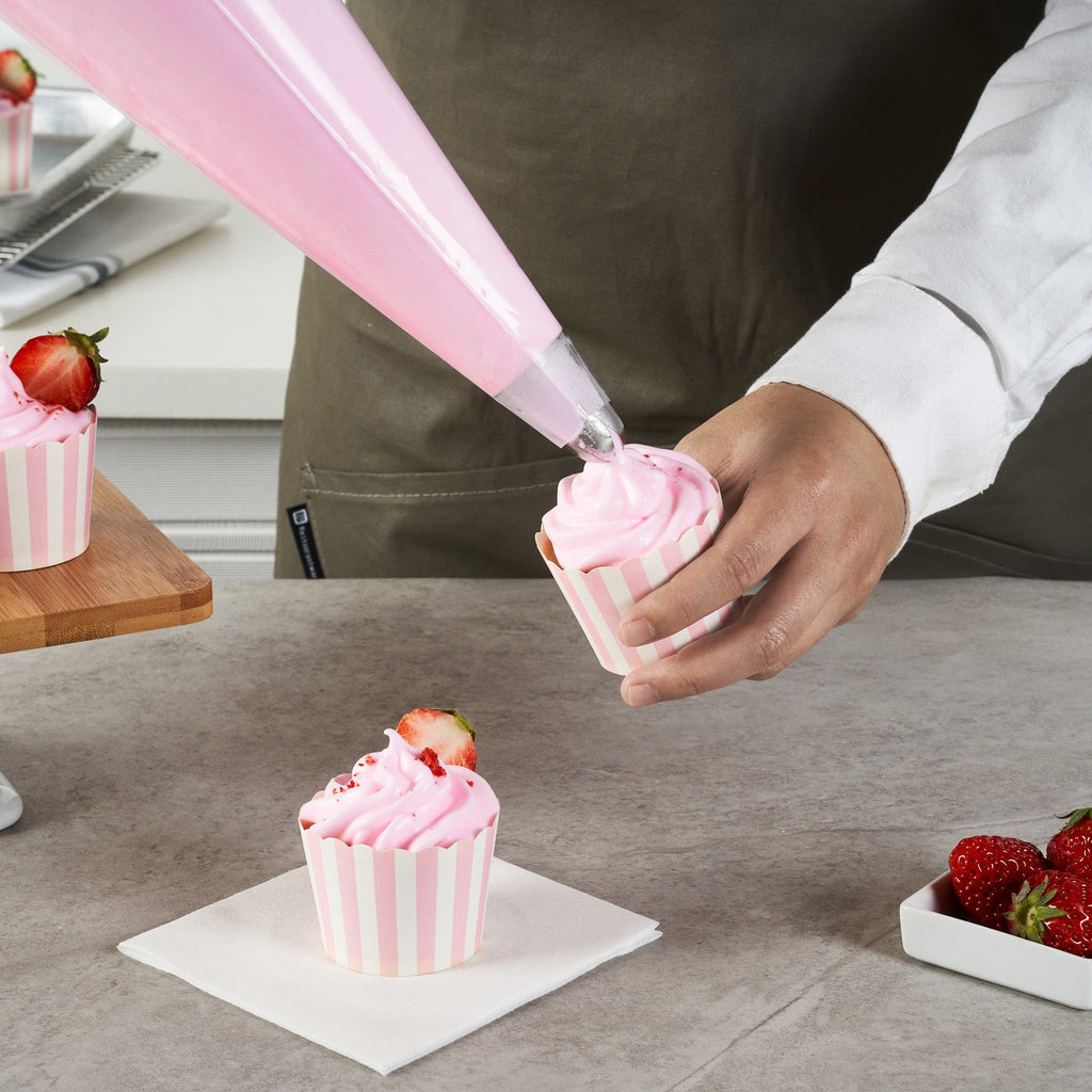 Panificio 3 oz Round Stripe Pink Paper Mini Baking Cup - Scalloped - 2 1/2" x 2 1/2" x 1 3/4" - 200 count box