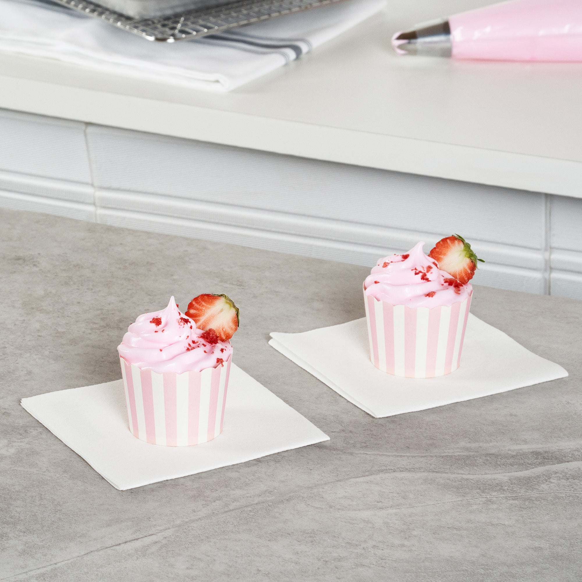 Panificio 3 oz Round Stripe Pink Paper Mini Baking Cup - Scalloped - 2 1/2" x 2 1/2" x 1 3/4" - 200 count box
