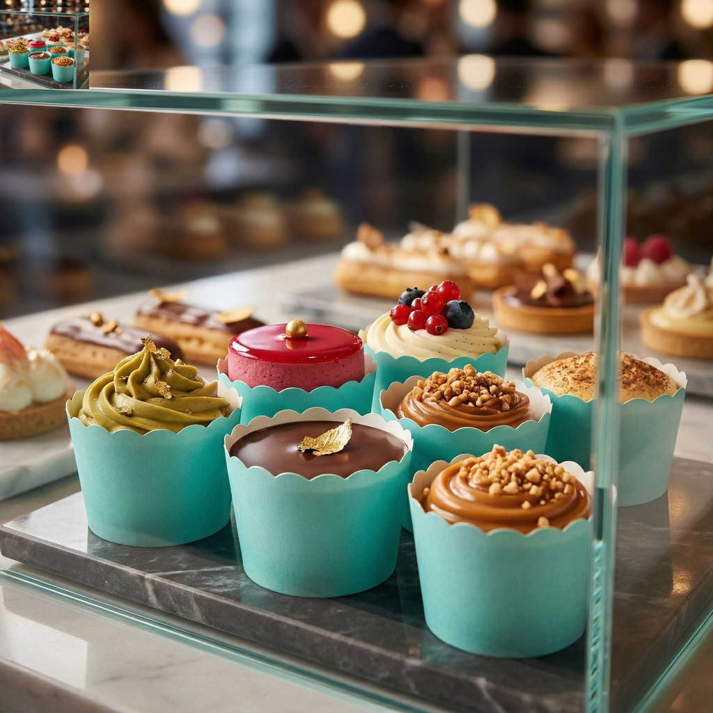 Panificio 3 oz Round Turquoise Paper Mini Baking Cup - Scalloped - 2 1/2" x 2 1/2" x 1 3/4" - 200 count box